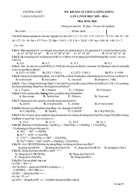 Đề khảo sát chất lượng lớp 12 lần 1 (năm học 2015 - 2016) môn Hóa học